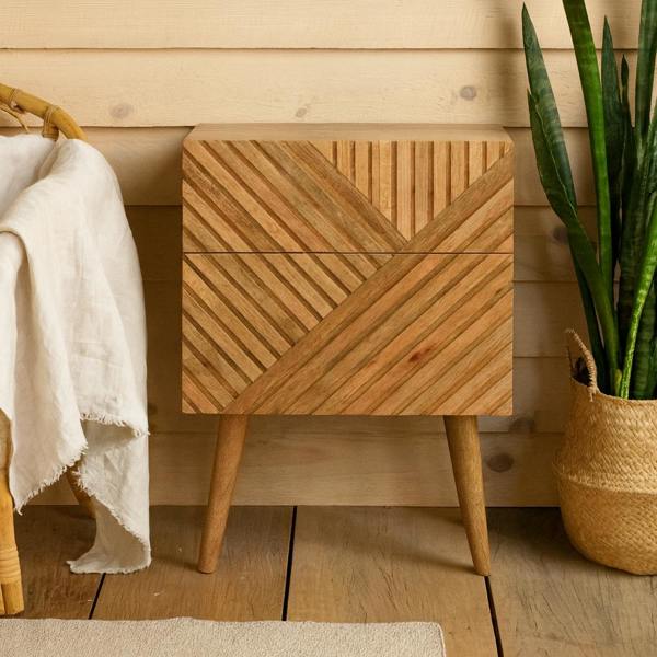 Wyld Haus Orvieto Line Carved Natural Mango Wood 2 Drawer Bedside Table