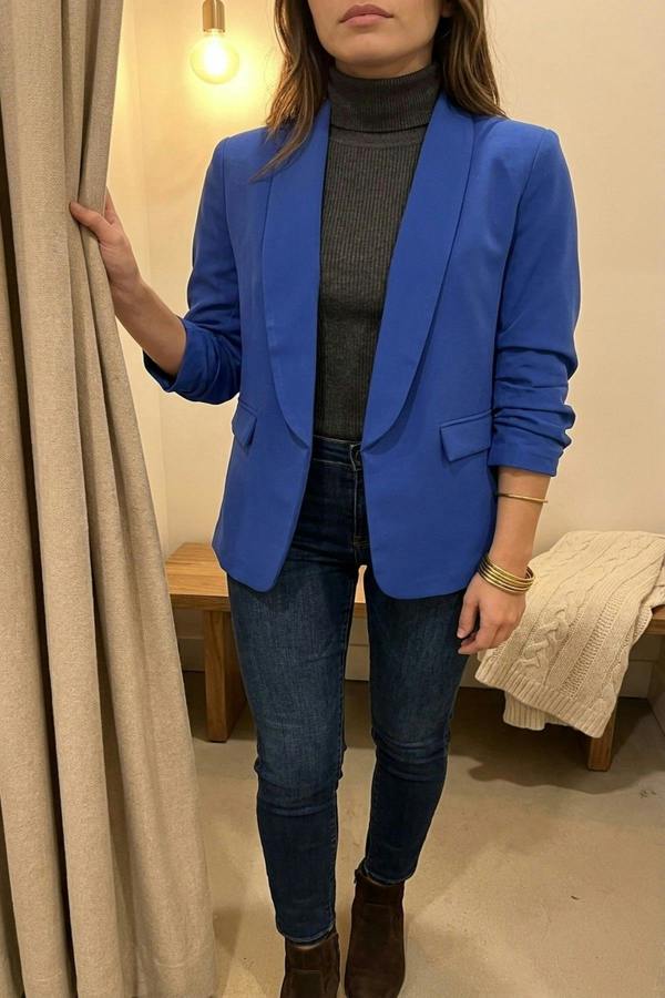 Valerie Ruched Sleeve Open Front Blazer Jacket With Front Pockets - Royal