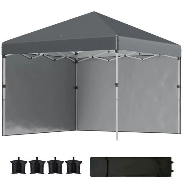 Dark grey pop-up gazebo with front and side panels and raised roof canopy