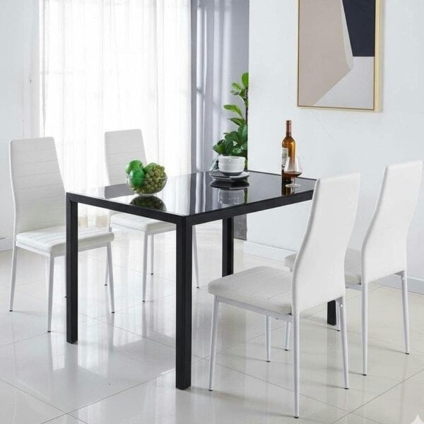 Kosy Koala Modern Black Glass Dining Table Set with 4 White Chairs Kitchen Dining Room Furniture