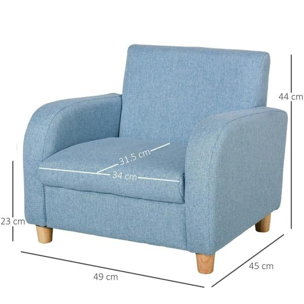 Blue high-back toddler armchair with armrests and wooden legs, dimensions shown