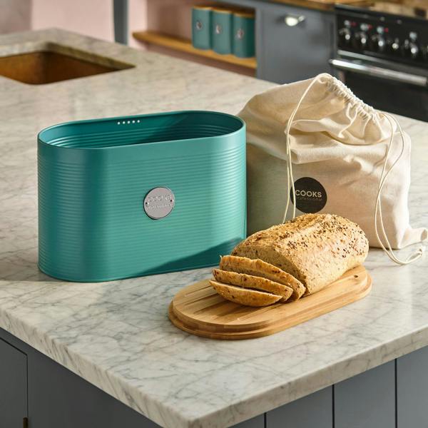 Cooks Professional Bread Bin, Linen Bag and Bamboo Board Set | Teal / Silver