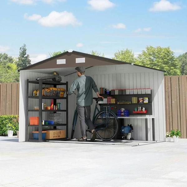 Metal garden shed interior with shelves and organized tools behind double doors