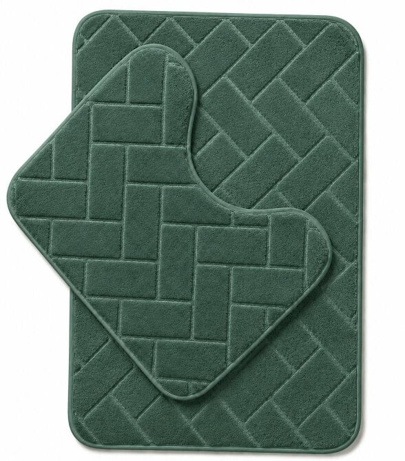 Night Zone Memory Foam Bath Mat Set – Block Bricks Design Non-Slip Bathroom Rug - Green