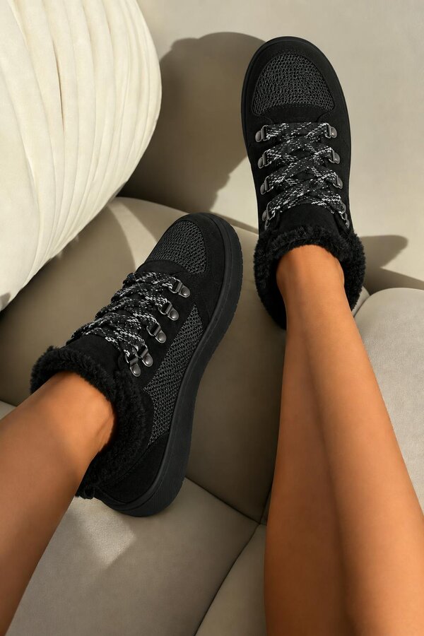 Love Lemonade Hudson Comfort Faux Suede Check Lace Faux Fur Lined Trainers Black