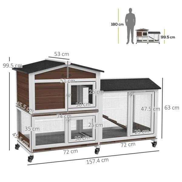 Brown wooden two-tier pet hutch with run, mesh compartments, and front wheels