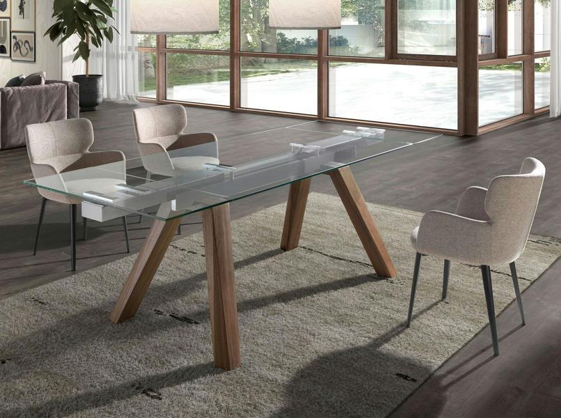 Angel Cerdá Rectangular tempered glass and walnut extending dining table 1123