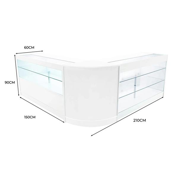 White Hera LED Shop Counter Set featuring sleek glass shelves, modern curved design, and dimensions of 150cm x 90cm x 60cm