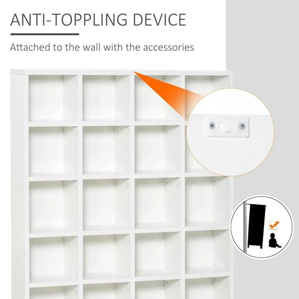 White CD storage unit with anti-tipping wall attachment hardware, corner detail
