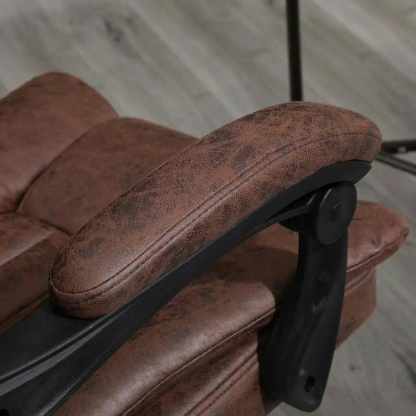 Brown armrest and side support of microfibre desk chair with black arm bracket