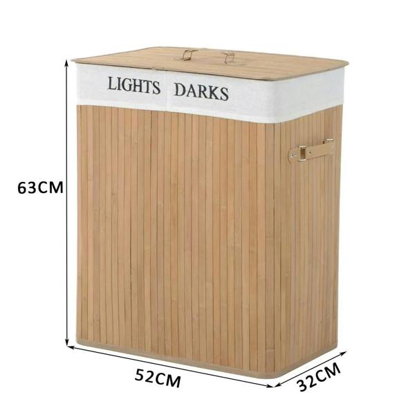 Natural wood laundry hamper with white fabric lid labeled “LIGHTS” and “DARKS”