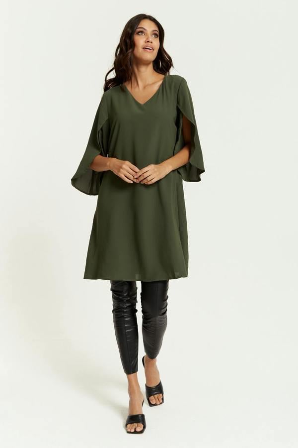 Hoxton Gal Oversized V Neck Detailed Satin Tunic with Split Sleeves in Khaki
