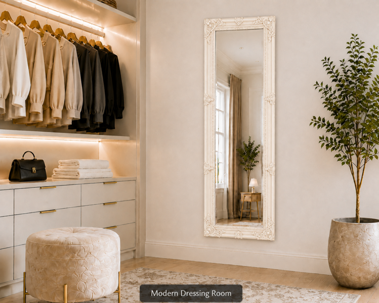 Downton Interiors Antique Style Cream Tall Ornate Dressing Wall Mirror with Bevelled Glass 142cm