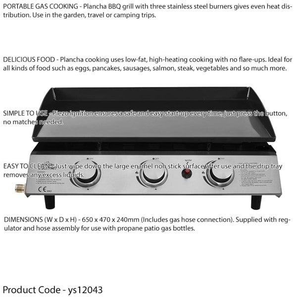 3 Burner Portable Flat Top Plancha Grill - Stainless Steel Smash Burger Camping - LoopsDirect