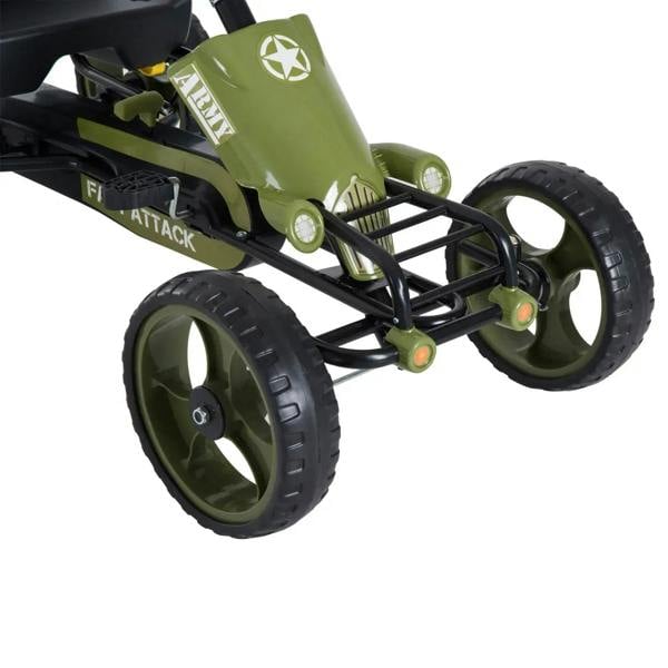 Green kids pedal go-kart with rear wheels, frame, and handbrake bar