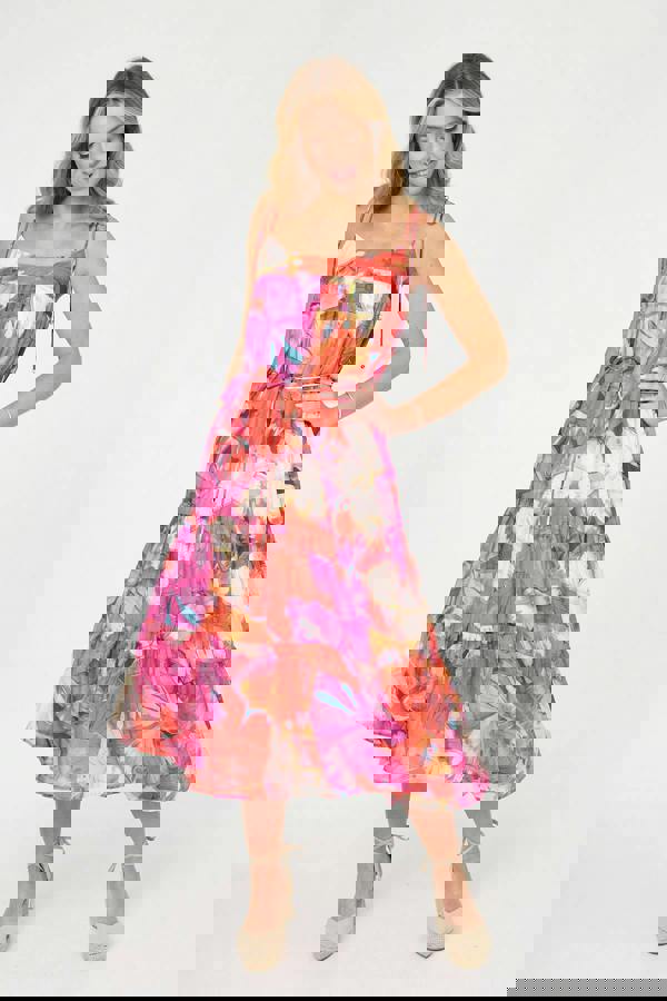 Pink | Floral Tie Strap Tiered Midi Dress