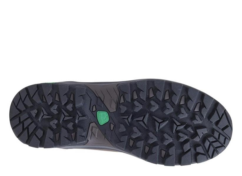 Karrimor Mendip 4 Mens Walking Hiking Lace Up Trek Leather Boots, close-up view of the rugged black and dark grey rubber outsole with deep tread for traction.