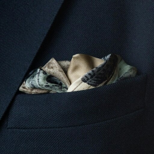Otway & Orford 'Heritage in Motion' off-roader silk pocket square in green & brown (42 x 42cm)