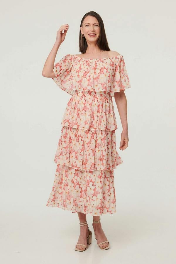 Pink | Floral Texture Tiered Midi Dress