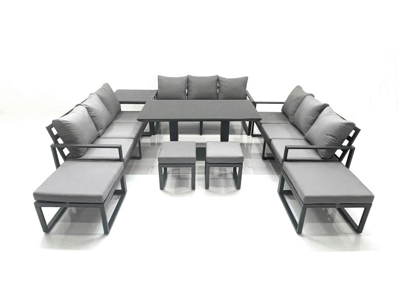 Fimous 13 Seater Garden Sofa Set Aluminium Furniture Rising Dining Tabe Set with Side Table 4 Footstools Dark Grey