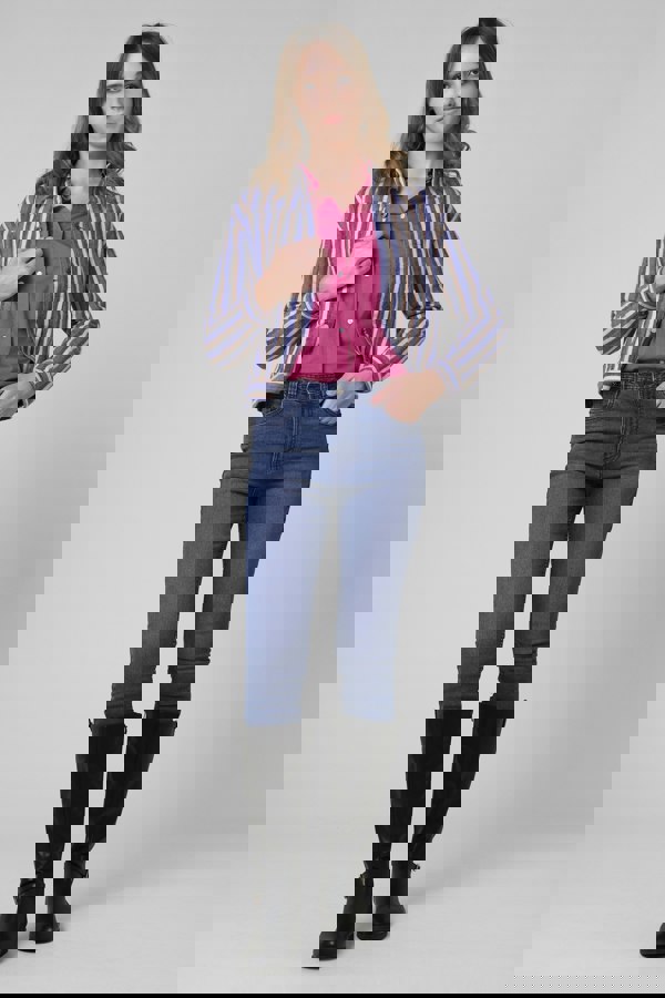 ENORSIA Womens White Stripe Pattern Cropped Jacket