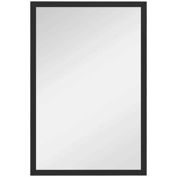 Black wall-mounted bathroom mirror with square frame, clean rectangular glass