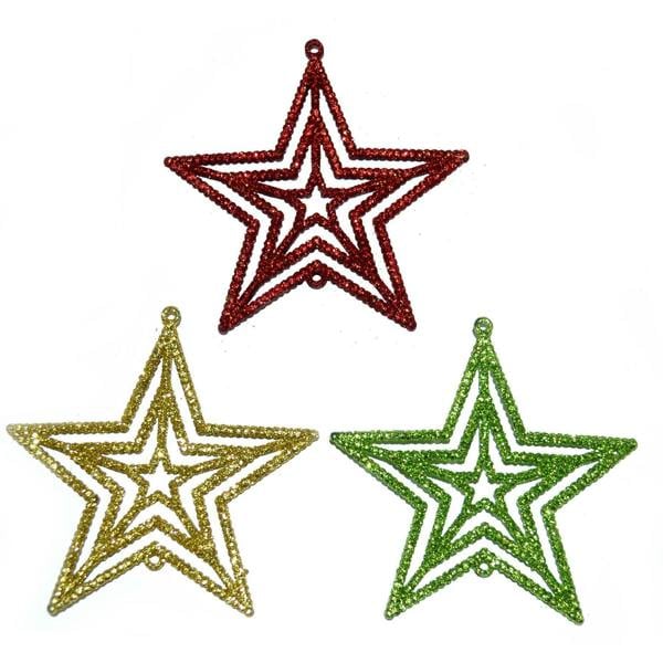 3 Pack Glitter Star Hanging Christmas Tree Decorations in Red, Green and Gold image 1