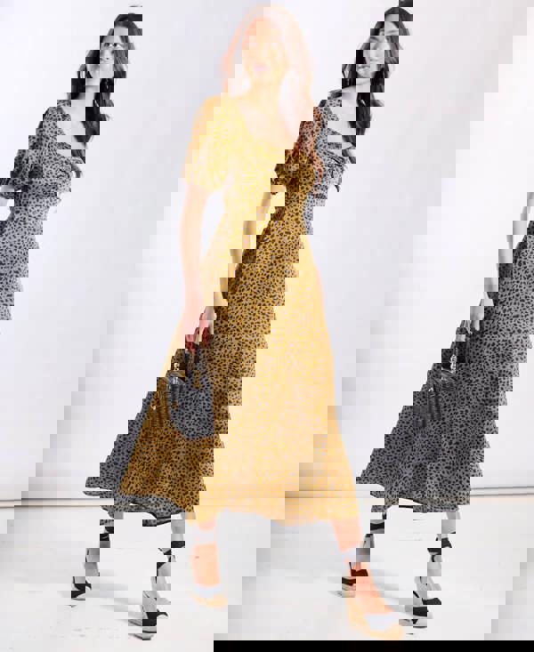 Brown Animal Satin Sweetheart Neck Midi Dress