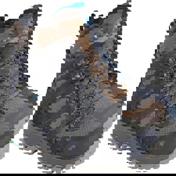 Karrimor Bodmin MID 6 Mens Walking Hiking Lace Up Trekking Boots, close-up of three pairs of trekking boots in black, brown, and navy blue, with rugged soles and durable materials