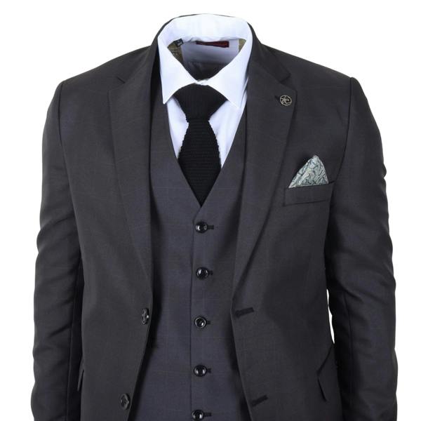 TruClothing IM51 - Men's Charcoal Check 3 Piece Tailored Fit Suit