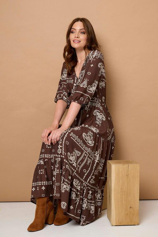 Brown | Printed 3/4 Sleeve Tie Maxi Dress