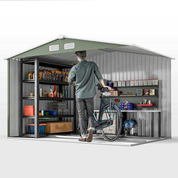 Light green metal storage shed with wide open double doors and organized interior