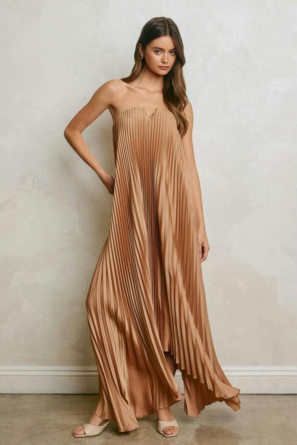 BALOU Womens Satin Pleated Maxi Dress