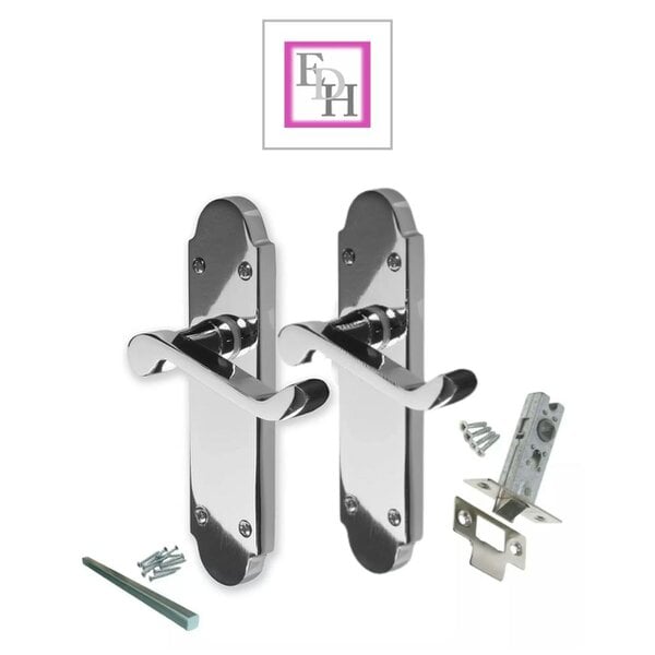 EDH Door Hardware Polished Chrome Victorian Scroll Door Handles on Shaped Backplate – 170mm x 40mm + Tubular Latch