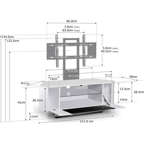 Centurion Supports Hampshire Corner-Friendly Gloss White with Black Beam-Thru Remote Friendly Door 26"-50" Flat Screen TV Cabinet with Mounting Arm