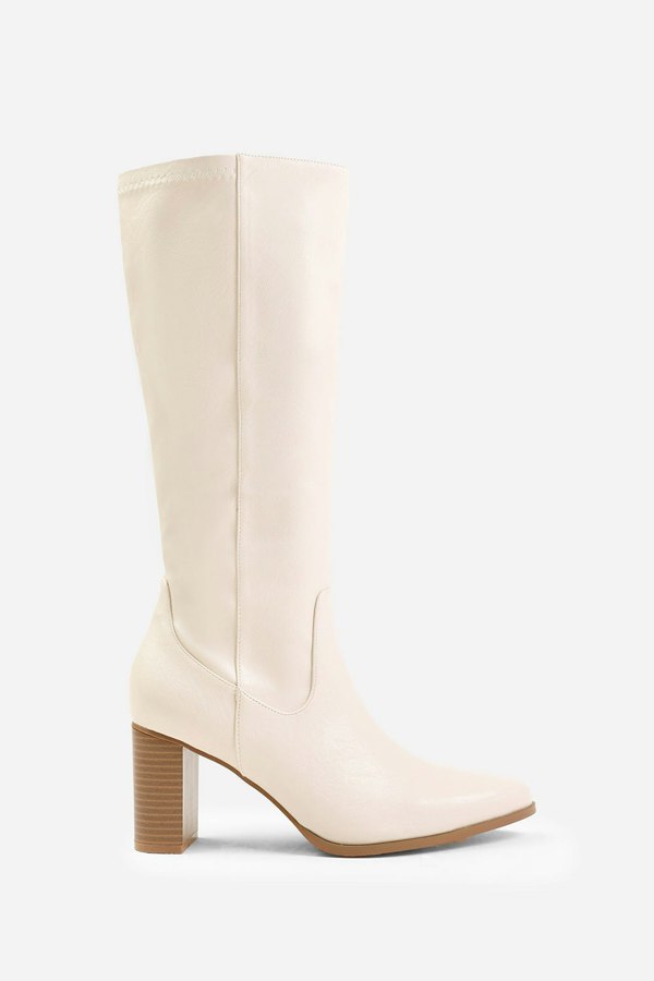 Where's That From Hawthorn Stretch Wide Calf Block Heel Knee High Boots With Stitch Detail in Wide E Fit in Cream Faux Leather