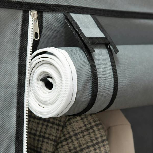 Light grey fabric wardrobe cover close-up of rolled zipper track and fabric tie strap.