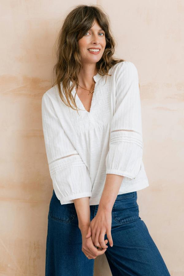 Lily & Me Marie Embroidered Cotton Pintuck Blouse White