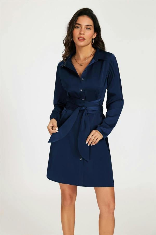 FS Collection Satin Wrap Tie Mini Shirt Dress In Navy