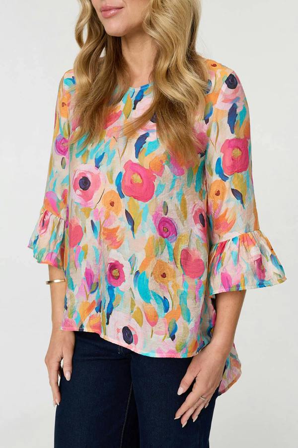 Pink | Abstract Floral 3/4 Flared Sleeve Blouse