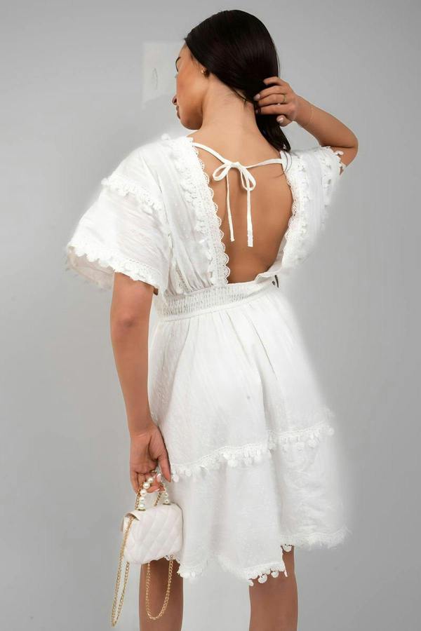 Serina Short Sleeve Deep V-neck Mini Dress With Open Back And Lace Trim - White