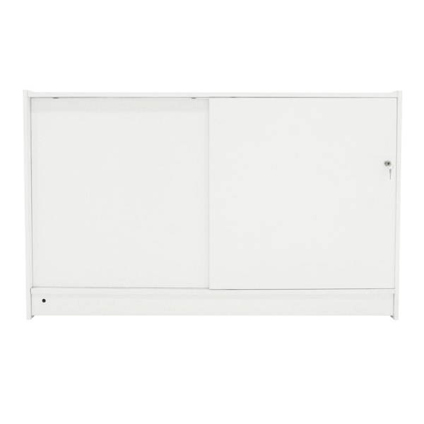 LED Retail Shop Counter K1500 in sleek white finish, featuring smooth surfaces, sliding doors, and a modern design ideal for retail spaces