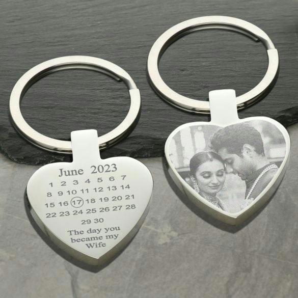 Christopher James of London Mirror Polished Special Date Calendar & Photo Engraved Heart Keyring