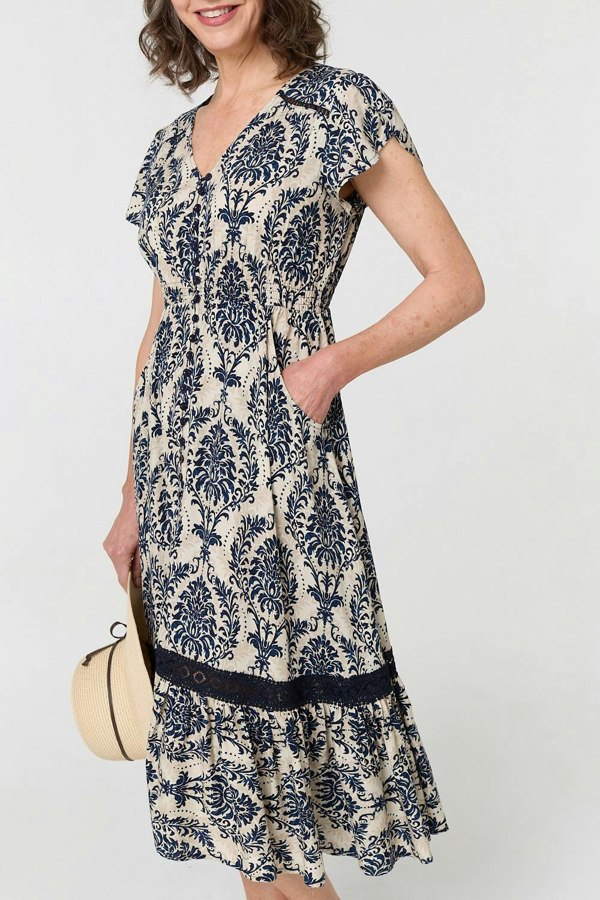 Navy | Ikat Print Shirred Lace Midi Dress
