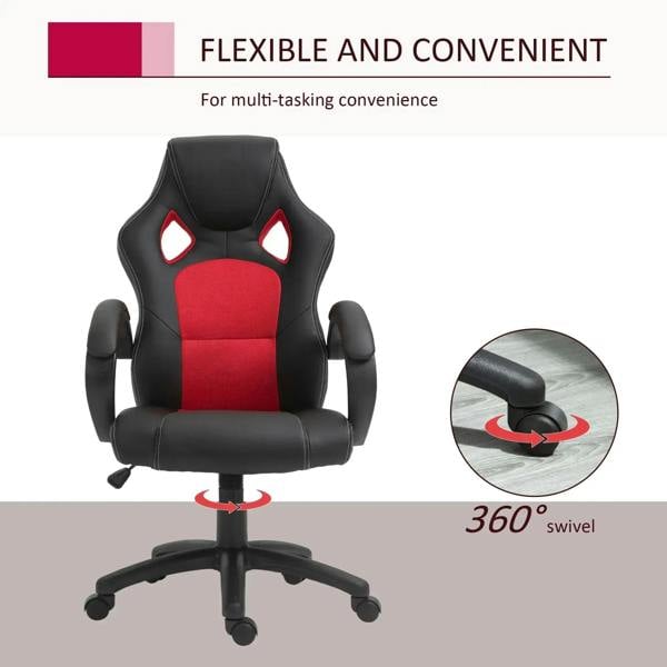 Black office chair with red padded insert and thick armrests; 360-degree swivel on base