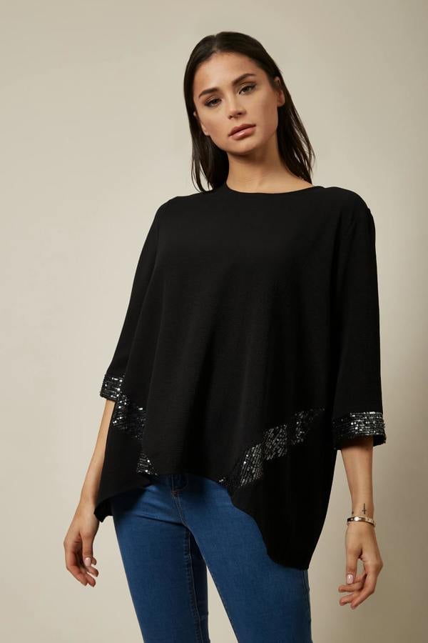Hoxton Gal Oversized Black Sequin Detail Top In Black