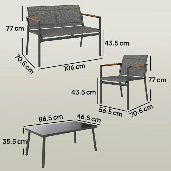4 Seater Garden Furniture Set with Loveseat, Armchairs, Table, Metal Garden Sofa Set with Breathable Seats, Grey
