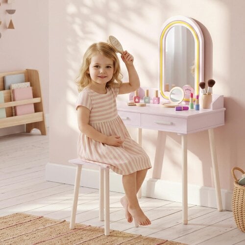 AIYAPLAY Kids Dressing Table with Stool, 3-Colour LED Lights Mirror, Drawer