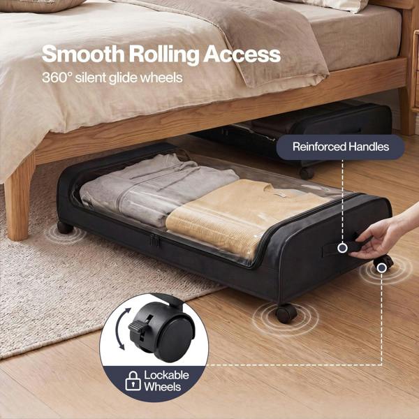 Levede Under Bed Storage Boxes with Lids  46L x2  Rolling  Black  Oxford