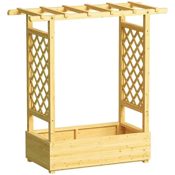 Bobobiy Garden Planter with Trellis, Wooden Raised Bed with Hanging Roof and Drainage Holes, 110 x 44 x 113 cm, Natural